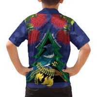 New Zealand Christmas In July Family Matching Off The Shoulder Long Sleeve Dress and Hawaiian Shirt Kowhai Tui Bird With Pohutukawa - Blue