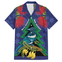 New Zealand Christmas In July Family Matching Off Shoulder Short Dress and Hawaiian Shirt Kowhai Tui Bird With Pohutukawa - Blue