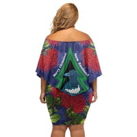 New Zealand Christmas In July Family Matching Off Shoulder Short Dress and Hawaiian Shirt Kowhai Tui Bird With Pohutukawa - Blue