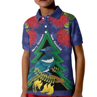 New Zealand Christmas In July Kid Polo Shirt Kowhai Tui Bird With Pohutukawa - Blue