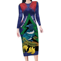 New Zealand Christmas In July Long Sleeve Bodycon Dress Kowhai Tui Bird With Pohutukawa - Blue LT14 Long Dress Blue - Polynesian Pride