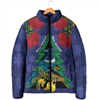 New Zealand Christmas In July Padded Jacket Kowhai Tui Bird With Pohutukawa - Blue - Polynesian Pride