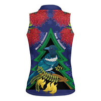 New Zealand Christmas In July Women Sleeveless Polo Shirt Kowhai Tui Bird With Pohutukawa - Blue