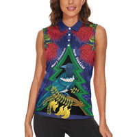 New Zealand Christmas In July Women Sleeveless Polo Shirt Kowhai Tui Bird With Pohutukawa - Blue