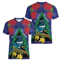 New Zealand Christmas In July Women V-Neck T-Shirt Kowhai Tui Bird With Pohutukawa - Blue