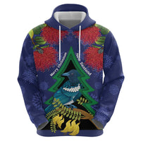 New Zealand Christmas In July Zip Hoodie Kowhai Tui Bird With Pohutukawa - Blue