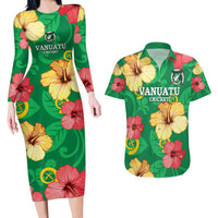 Custom Vanuatu Cricket Couples Matching Long Sleeve Bodycon Dress and Hawaiian Shirt 2024 Tropical Flowers Version LT14 Green - Polynesian Pride