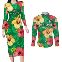 Custom Vanuatu Cricket Couples Matching Long Sleeve Bodycon Dress and Long Sleeve Button Shirt 2024 Tropical Flowers Version LT14 Green - Polynesian Pride