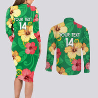 Custom Vanuatu Cricket Couples Matching Long Sleeve Bodycon Dress and Long Sleeve Button Shirt 2024 Tropical Flowers Version LT14 - Polynesian Pride