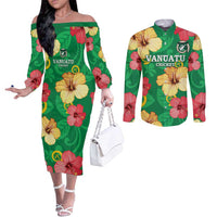 Custom Vanuatu Cricket Couples Matching Off The Shoulder Long Sleeve Dress and Long Sleeve Button Shirt 2024 Tropical Flowers Version LT14 Green - Polynesian Pride