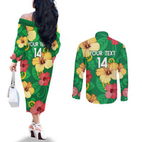 Custom Vanuatu Cricket Couples Matching Off The Shoulder Long Sleeve Dress and Long Sleeve Button Shirt 2024 Tropical Flowers Version LT14 - Polynesian Pride