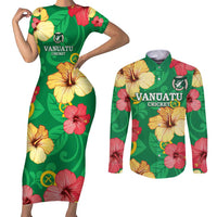 Custom Vanuatu Cricket Couples Matching Short Sleeve Bodycon Dress and Long Sleeve Button Shirt 2024 Tropical Flowers Version LT14 Green - Polynesian Pride