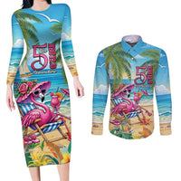 Flamingo Aloha Hawaii Couples Matching Long Sleeve Bodycon Dress and Long Sleeve Button Shirt It's 5 O’Clock Somewhere Tropical Vibes - Polynesian Pride