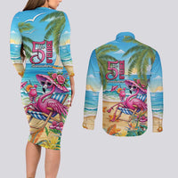 Flamingo Aloha Hawaii Couples Matching Long Sleeve Bodycon Dress and Long Sleeve Button Shirt It's 5 O’Clock Somewhere Tropical Vibes - Polynesian Pride
