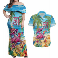 Flamingo Aloha Hawaii Couples Matching Off Shoulder Maxi Dress and Hawaiian Shirt It's 5 O’Clock Somewhere Tropical Vibes - Polynesian Pride