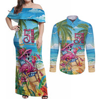 Flamingo Aloha Hawaii Couples Matching Off Shoulder Maxi Dress and Long Sleeve Button Shirt It's 5 O’Clock Somewhere Tropical Vibes - Polynesian Pride