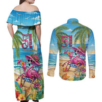 Flamingo Aloha Hawaii Couples Matching Off Shoulder Maxi Dress and Long Sleeve Button Shirt It's 5 O’Clock Somewhere Tropical Vibes - Polynesian Pride