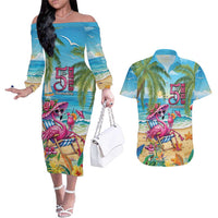 Flamingo Aloha Hawaii Couples Matching Off The Shoulder Long Sleeve Dress and Hawaiian Shirt It's 5 O’Clock Somewhere Tropical Vibes - Polynesian Pride