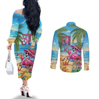 Flamingo Aloha Hawaii Couples Matching Off The Shoulder Long Sleeve Dress and Long Sleeve Button Shirt It's 5 O’Clock Somewhere Tropical Vibes - Polynesian Pride