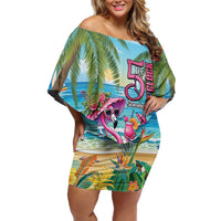 Flamingo Aloha Hawaii Off Shoulder Short Dress It's 5 OClock Somewhere Tropical Vibes LT14 Women Blue - Polynesian Pride