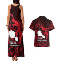 French Polynesia Tahiti Couples Matching Tank Maxi Dress and Hawaiian Shirt Polynesian Shark Tattoo With Hibiscus Red Version LT14 - Polynesian Pride