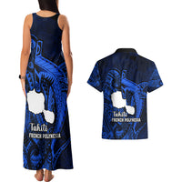 French Polynesia Tahiti Couples Matching Tank Maxi Dress and Hawaiian Shirt Polynesian Shark Tattoo With Hibiscus Blue Version LT14 - Polynesian Pride