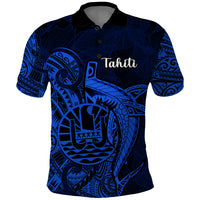 French Polynesia Tahiti Polo Shirt Polynesian Shark Tattoo With Hibiscus Blue Version LT14 Blue - Polynesian Pride