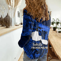 French Polynesia Tahiti Women Casual Shirt Polynesian Shark Tattoo With Hibiscus Blue Version LT14 - Polynesian Pride