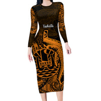 French Polynesia Tahiti Long Sleeve Bodycon Dress Polynesian Shark Tattoo With Hibiscus Red Version LT14 Long Dress Gold - Polynesian Pride