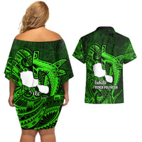French Polynesia Tahiti Couples Matching Off Shoulder Short Dress and Hawaiian Shirt Polynesian Shark Tattoo With Hibiscus Green Version LT14 - Polynesian Pride