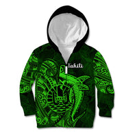 French Polynesia Tahiti Kid Hoodie Polynesian Shark Tattoo With Hibiscus Green Version LT14 - Polynesian Pride