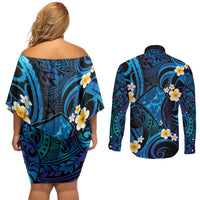 Tokelau Fakaofo Atoll Couples Matching Off Shoulder Short Dress and Long Sleeve Button Shirt Polynesian Tattoo Plumeria With Map