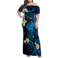 Tokelau Fakaofo Atoll Family Matching Off Shoulder Maxi Dress and Hawaiian Shirt Polynesian Tattoo Plumeria With Map LT14 Mom's Dress Blue - Polynesian Pride