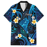 Tokelau Fakaofo Atoll Family Matching Summer Maxi Dress and Hawaiian Shirt Polynesian Tattoo Plumeria With Map LT14 Dad's Shirt - Short Sleeve Blue - Polynesian Pride