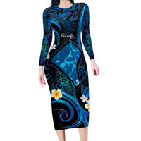 Tokelau Fakaofo Atoll Long Sleeve Bodycon Dress Polynesian Tattoo Plumeria With Map LT14 Long Dress Blue - Polynesian Pride