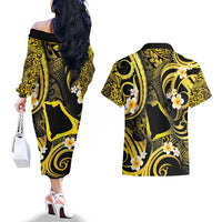 Tokelau Atafu Atoll Couples Matching Off The Shoulder Long Sleeve Dress and Hawaiian Shirt Polynesian Tattoo Plumeria With Map