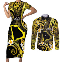 Tokelau Atafu Atoll Couples Matching Short Sleeve Bodycon Dress and Long Sleeve Button Shirt Polynesian Tattoo Plumeria With Map