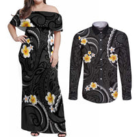 Black And Gray Couples Matching Off Shoulder Maxi Dress and Long Sleeve Button Shirt Curves Polynesian Tattoo Mix Plumeria Flowers