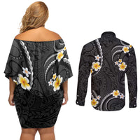 Black And Gray Couples Matching Off Shoulder Short Dress and Long Sleeve Button Shirt Curves Polynesian Tattoo Mix Plumeria Flowers