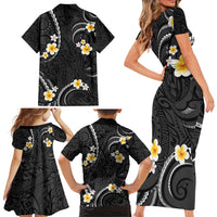 Black And Gray Family Matching Short Sleeve Bodycon Dress and Hawaiian Shirt Curves Polynesian Tattoo Mix Plumeria Flowers LT14 - Polynesian Pride