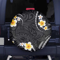 Black And Gray Spare Tire Cover Curves Polynesian Tattoo Mix Plumeria Flowers
