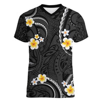 Black And Gray Women V-Neck T-Shirt Curves Polynesian Tattoo Mix Plumeria Flowers LT14 Female Gray - Polynesian Pride