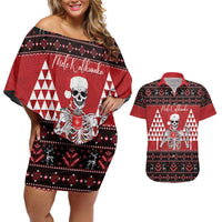 Personalized Hawaii Skull Christmas Couples Matching Off Shoulder Short Dress and Hawaiian Shirt Mele Kalikimaka Hawaiian Kakau - Polynesian Pride