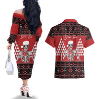 Personalized Hawaii Skull Christmas Couples Matching Off The Shoulder Long Sleeve Dress and Hawaiian Shirt Mele Kalikimaka Hawaiian Kakau - Polynesian Pride