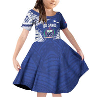 Toa Samoa Rugby Custom Family Matching Off Shoulder Short Dress and Hawaiian Shirt Go Champions Pacific Samoan Pattern LT14 Daughter's Dress Blue - Polynesian Pride