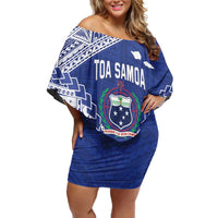 Toa Samoa Rugby Custom Family Matching Off Shoulder Short Dress and Hawaiian Shirt Go Champions Pacific Samoan Pattern LT14 Mom's Dress Blue - Polynesian Pride