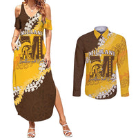 Personalized Mililani Hawaii High School Couples Matching Summer Maxi Dress and Long Sleeve Button Shirt Puakenikeni Lei Hawaiian Pattern LT14 Yellow - Polynesian Pride