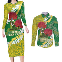 Personalized Leilehua Hawaii High School Couples Matching Long Sleeve Bodycon Dress and Long Sleeve Button Shirt Puakenikeni Lei Hawaiian Pattern - Polynesian Pride