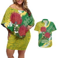 Personalized Leilehua Hawaii High School Couples Matching Off Shoulder Short Dress and Hawaiian Shirt Puakenikeni Lei Hawaiian Pattern LT14 Green - Polynesian Pride
