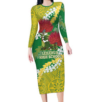 Personalized Leilehua Hawaii High School Long Sleeve Bodycon Dress Puakenikeni Lei Hawaiian Pattern - Polynesian Pride